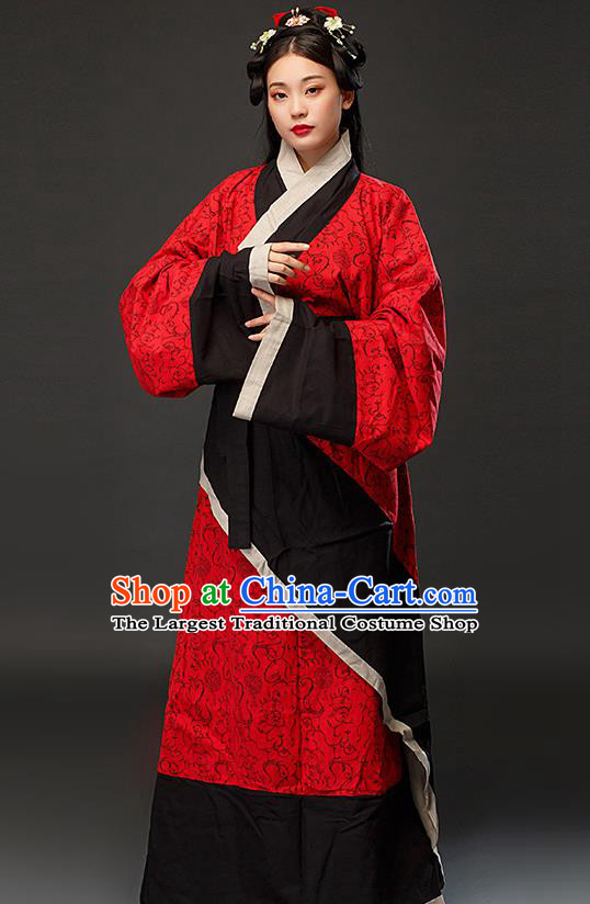 Chinese Han Dynasty Woman Red Dress Ancient TV Series Hanfu Clothing Traditional Curving Front Robe Costume