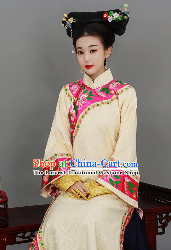 Chinese Court Empress Beige Dress Qing Dynasty Manchu Lady Costume Ancient Imperial Consort Clothing