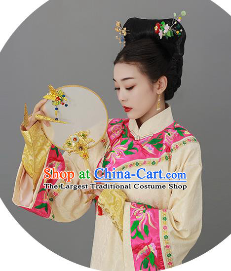 Chinese Court Empress Beige Dress Qing Dynasty Manchu Lady Costume Ancient Imperial Consort Clothing