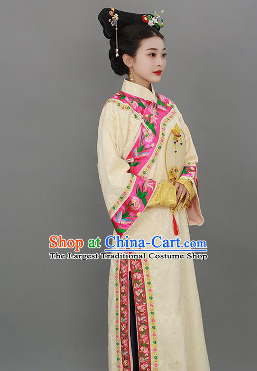 Chinese Court Empress Beige Dress Qing Dynasty Manchu Lady Costume Ancient Imperial Consort Clothing