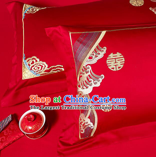 Chinese Long Staple Cotton Bedding Items Top Wedding Bedclothes Embroidery Dragon and Phoenix Red Four Pieces Set
