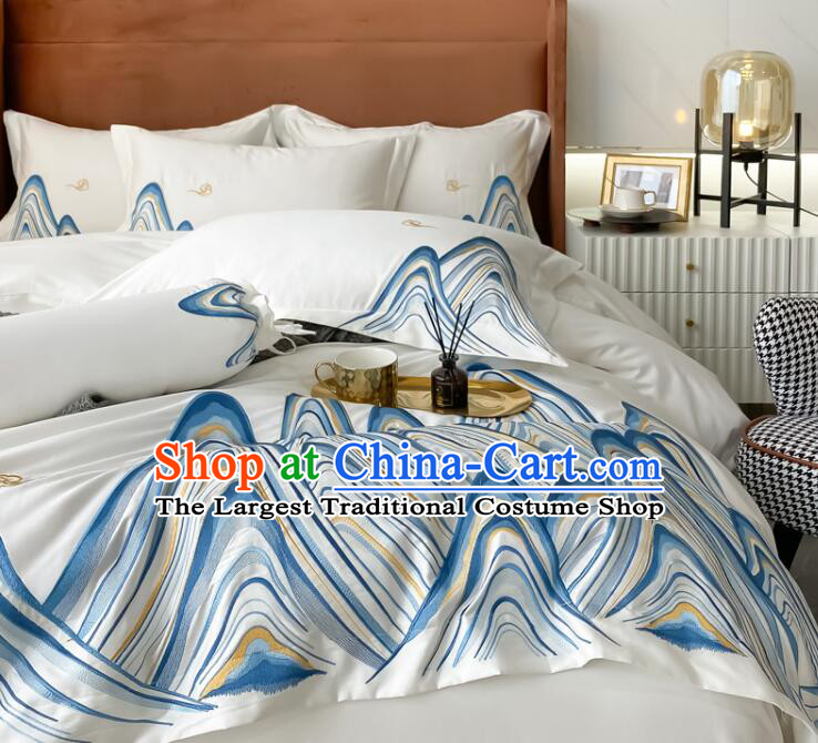 Top Long Staple Cotton Bedclothes Chinese Embroidery Landscape White Four Pieces Bedding Items Set