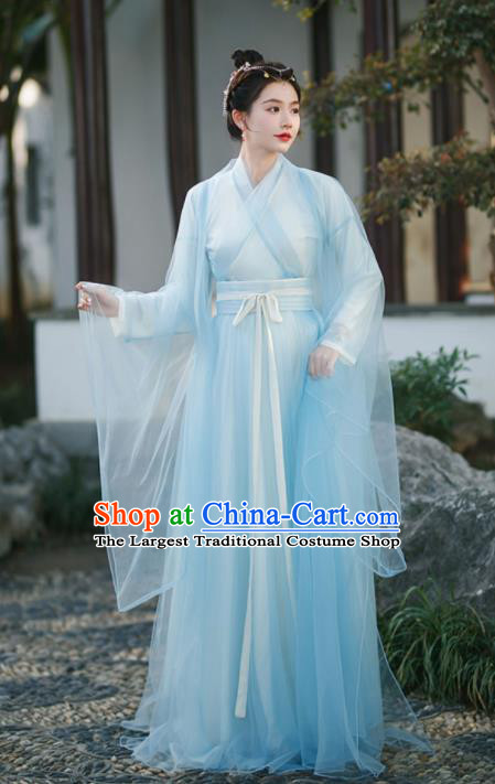 Chinese Ancient Peri Clothing Traditional Blue Hanfu Dress Ming Dynasty Princess Garment Costumes