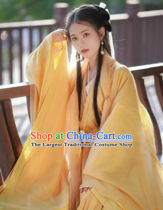 Chinese Jin Dynasty Princess Garment Costumes Ancient Swordswoman Clothing Traditional Yellow Hanfu Dress