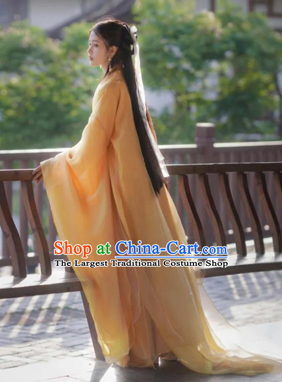 Chinese Jin Dynasty Princess Garment Costumes Ancient Swordswoman Clothing Traditional Yellow Hanfu Dress