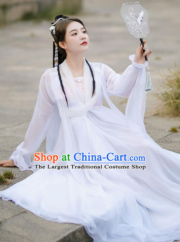 Chinese Traditional White Hanfu Dress Swordswoman Garment Costumes Ancient Fairy Clothing