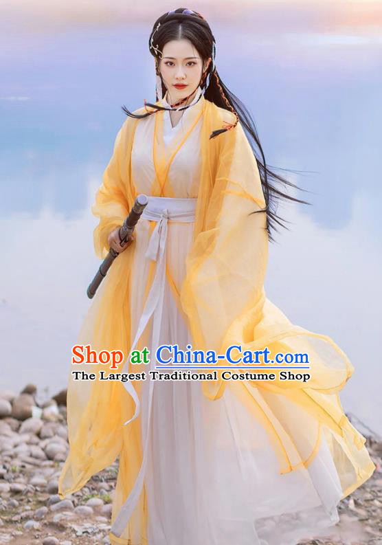 Chinese Traditional Yellow Hanfu Dress Jin Dynasty Swordsman Garment Costumes Ancient Goddess Clothing