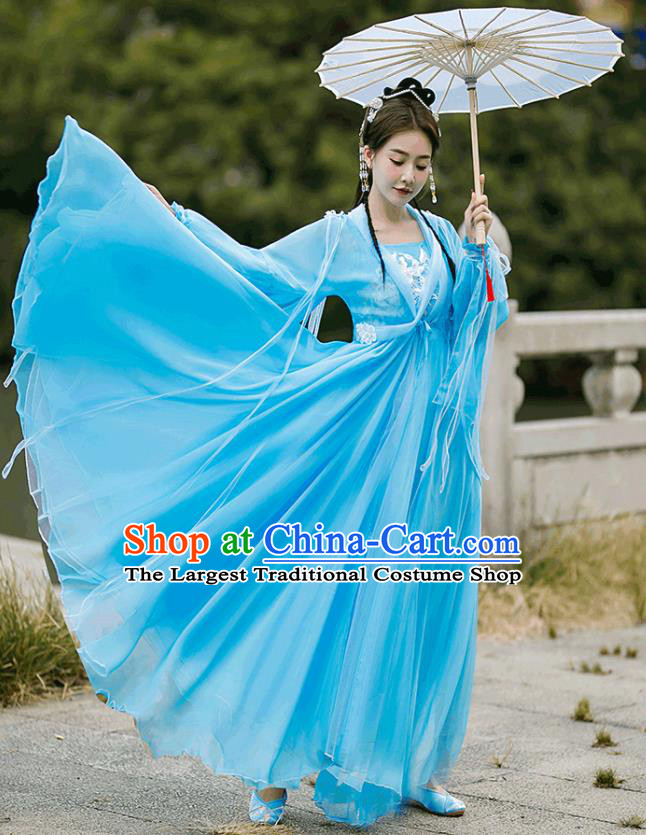 Chinese TV Series Peri Garment Costumes Ancient Princess Clothing Tang Dynasty Goddess Blue Dress