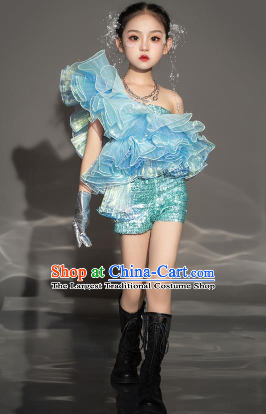 Fashion Catwalks Blue Outfit Modern Fancywork Garment Costume Children Girls Stage Show Clothing