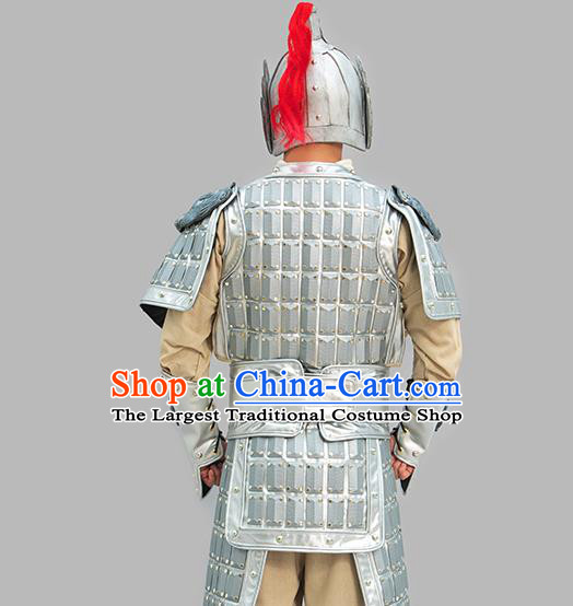 Chinese Ancient General Clothing Three Kingdoms Period Yue Fei Garment Costumes Traditional Argenta Armor and Helmet Complete Set