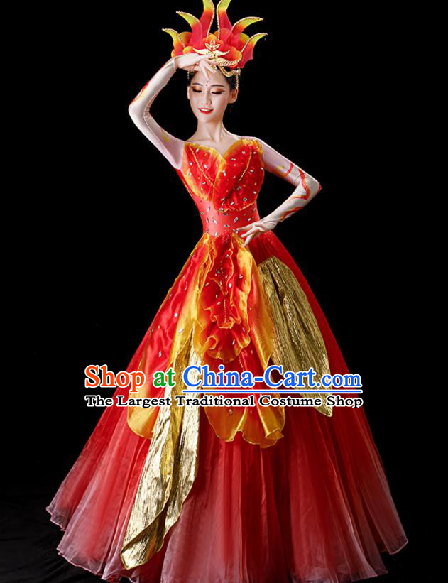 Top Stage Performance Fashion Opening Dance Clothing Modern Dance Red Dress Women Group Dance Costume