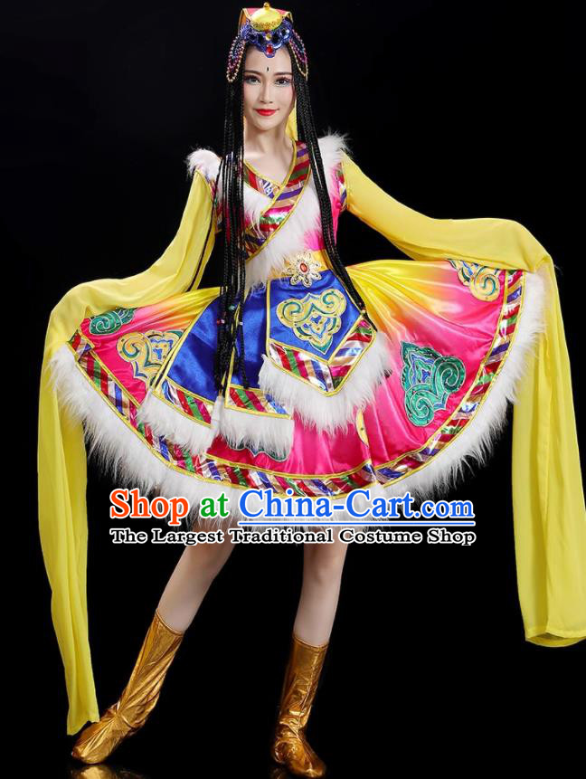 Chinese Tibetan Dance Clothing Woman Solo Dance Dress Zang Nationality Dance Costume Stage Performance Pink Garment