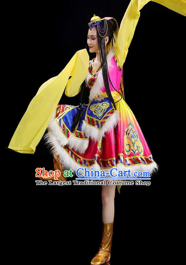 Chinese Tibetan Dance Clothing Woman Solo Dance Dress Zang Nationality Dance Costume Stage Performance Pink Garment