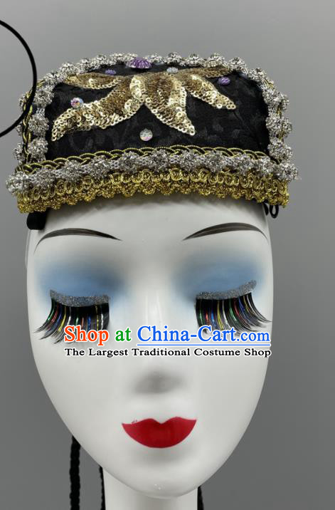 Chinese Stage Performance Braids Headpiece Xinjiang Dance Embroidered Hat Uyghur Nationality Dance Black Hat Ethnic Woman Dance Headwear