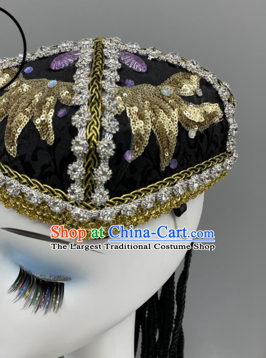 Chinese Stage Performance Braids Headpiece Xinjiang Dance Embroidered Hat Uyghur Nationality Dance Black Hat Ethnic Woman Dance Headwear