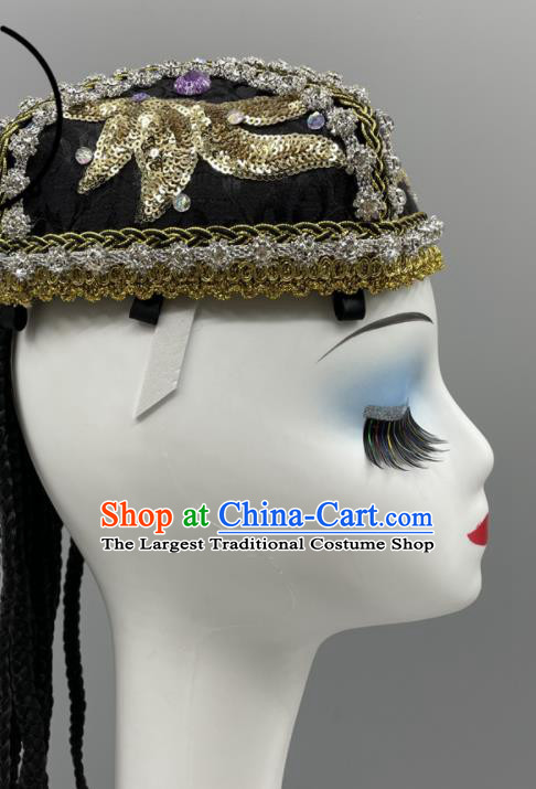 Chinese Stage Performance Braids Headpiece Xinjiang Dance Embroidered Hat Uyghur Nationality Dance Black Hat Ethnic Woman Dance Headwear