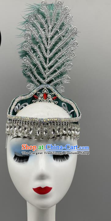 Chinese Xinjiang Dance Headdress Uyghur Nationality Dance Green Feather Hat Ethnic Woman Performance Headwear Folk Dance Headpiece