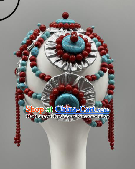 Chinese Ethnic Woman Performance Headwear Folk Dance Headpiece Zang Nationality Dance Headdress Tibetan Dance Beads Hair Jewelry