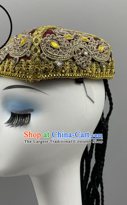 Chinese Uyghur Nationality Dance Hat Ethnic Woman Dance Headwear Stage Performance Braids Headpiece Xinjiang Dance Headdress