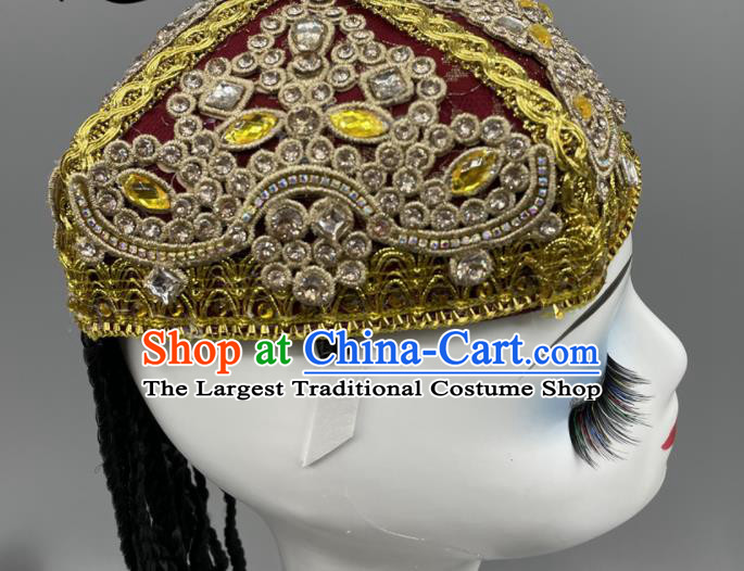 Chinese Uyghur Nationality Dance Hat Ethnic Woman Dance Headwear Stage Performance Braids Headpiece Xinjiang Dance Headdress