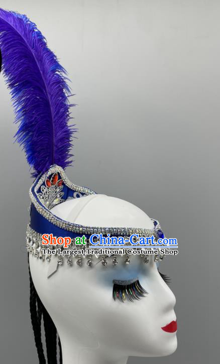 Chinese Xinjiang Dance Headdress Uyghur Nationality Dance Blue Feather Hat Ethnic Woman Dance Headwear Folk Dance Headpiece