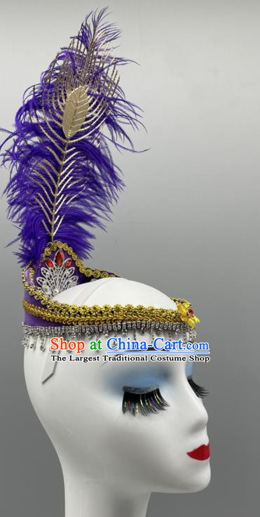 Chinese Folk Dance Headpiece Xinjiang Dance Headdress Uyghur Nationality Dance Purple Feather Hat Ethnic Woman Dance Headwear