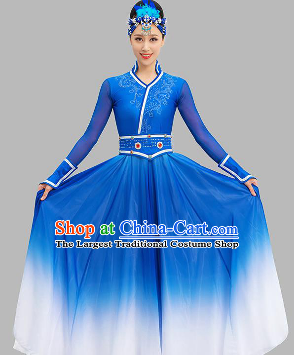Chinese Mongolian Dance Blue Dress Ethnic Dance Suit Dunhuang Mongol Nationality Dance Garment Costume