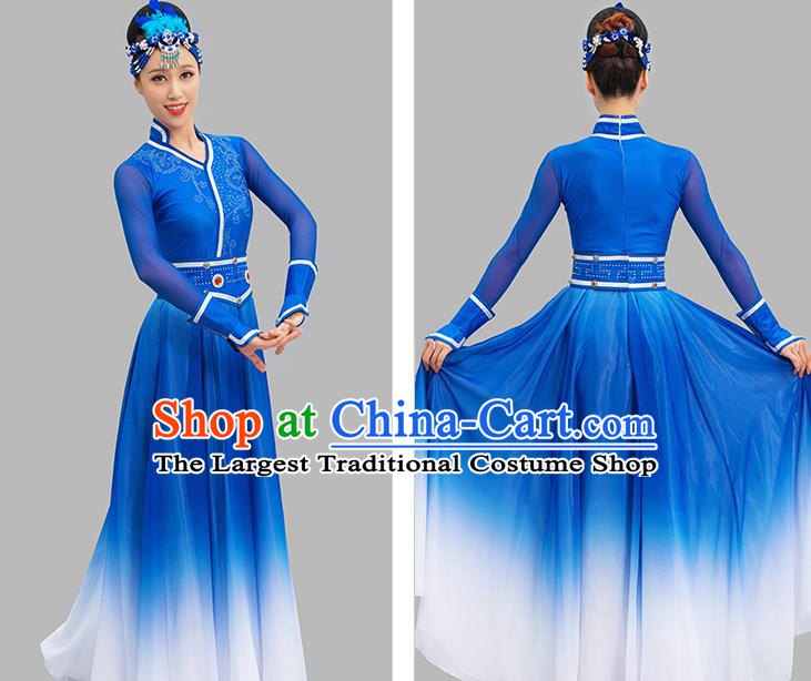 Chinese Mongolian Dance Blue Dress Ethnic Dance Suit Dunhuang Mongol Nationality Dance Garment Costume