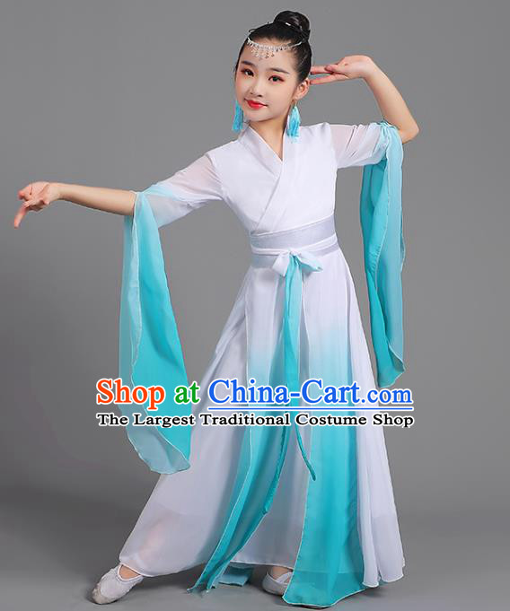 Chinese Children Stage Performance Garment Costume Water Sleeve Clothing Professional Classical Dance Cyan Dress