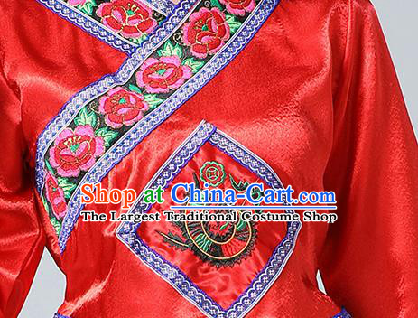 China Guangxi Minority Festival Costume Zhuang Nationality Dance Red Dress Ethnic Women Clothing