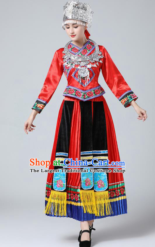 China Guangxi Minority Festival Costume Zhuang Nationality Dance Red Dress Ethnic Women Clothing