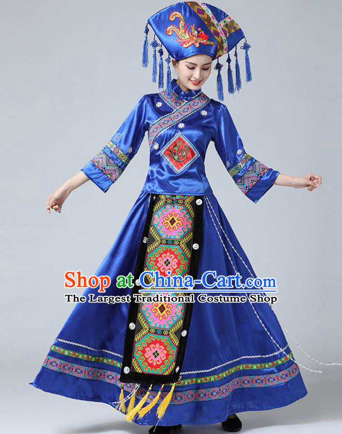 China Zhuang Nationality Dance Blue Dress Ethnic Wedding Women Clothing Guangxi Minority Festival Costume