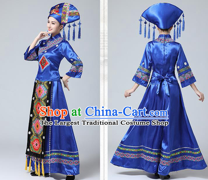 China Zhuang Nationality Dance Blue Dress Ethnic Wedding Women Clothing Guangxi Minority Festival Costume