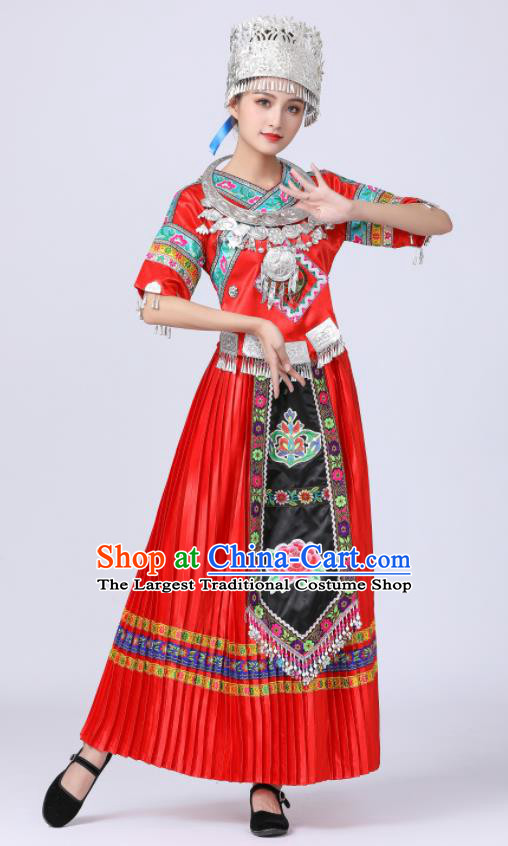 China Xiangxi Minority Festival Costume Tujia Nationality Dance Red Dress Ethnic Young Lady Clothing
