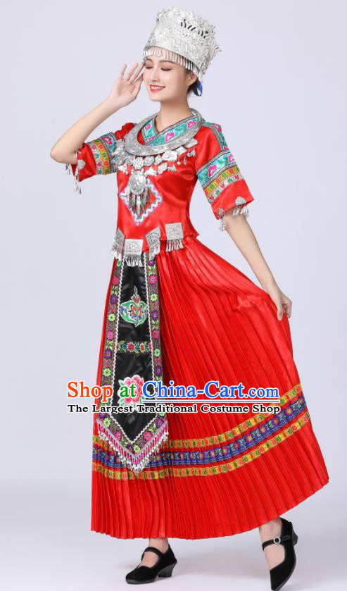 China Xiangxi Minority Festival Costume Tujia Nationality Dance Red Dress Ethnic Young Lady Clothing
