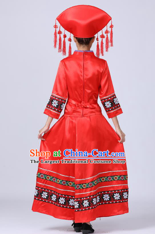 China Yi Nationality Women Red Dress Ethnic Festival Clothing Yunnan Minority Folk Dance Costume