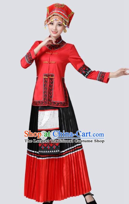 China Guangxi Minority Folk Dance Costume Yi Nationality Red Dress Ethnic Women Festival Clothing