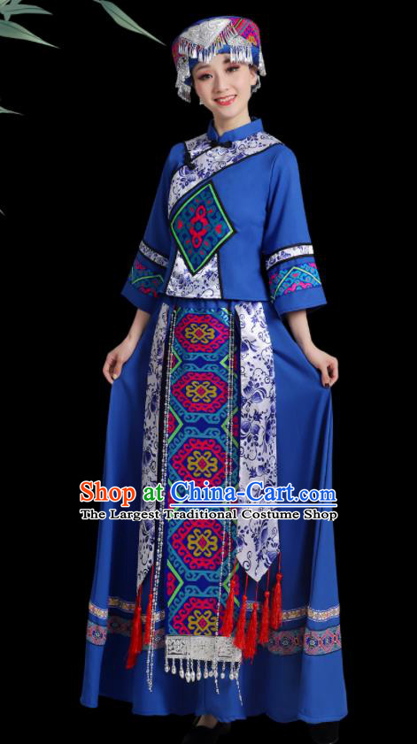 China Xiangxi Minority Folk Dance Costume Tujia Nationality Blue Dress Ethnic Women Festival Clothing