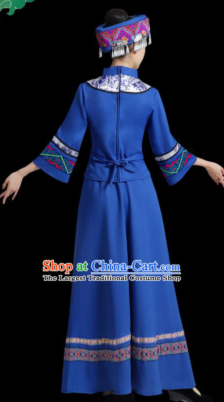 China Xiangxi Minority Folk Dance Costume Tujia Nationality Blue Dress Ethnic Women Festival Clothing