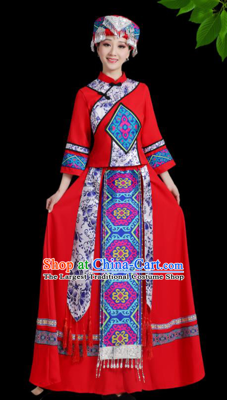 China Ethnic Women Festival Clothing Xiangxi Minority Folk Dance Costume Tujia Nationality Red Dress