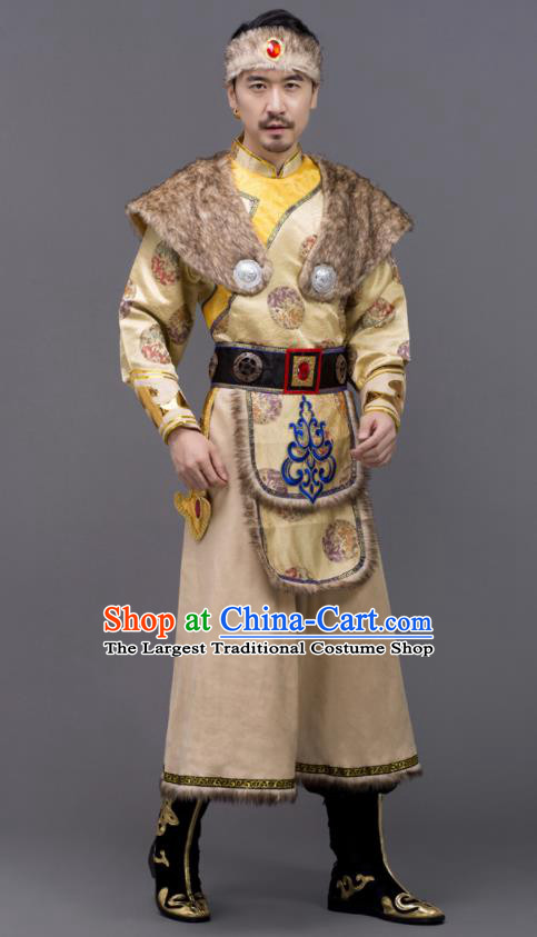 Chinese Ethnic Festival Clothing Mongol Minority Folk Dance Costume Mongolian Nationality Embroidered Yellow Suit