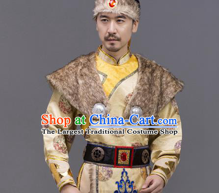 Chinese Ethnic Festival Clothing Mongol Minority Folk Dance Costume Mongolian Nationality Embroidered Yellow Suit