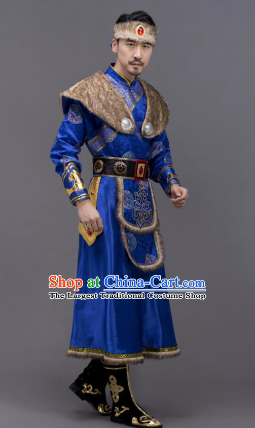Chinese Mongolian Nationality Embroidered Royal Blue Suit Ethnic Festival Clothing Mongol Minority Folk Dance Costume