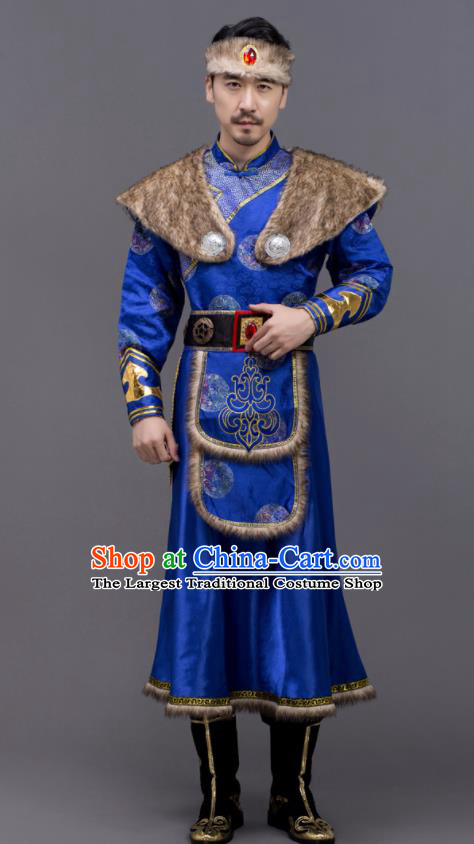 Chinese Mongolian Nationality Embroidered Royal Blue Suit Ethnic Festival Clothing Mongol Minority Folk Dance Costume