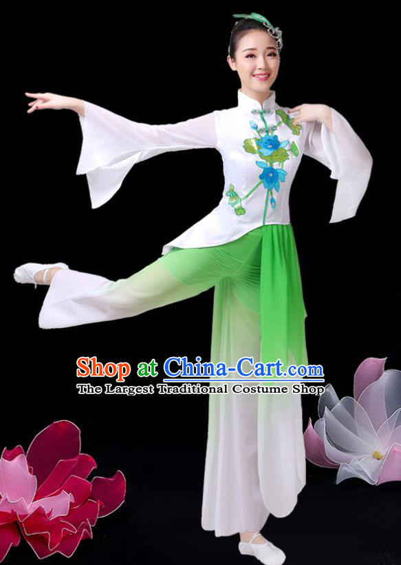 China Umbrella Dance Green Dress Outfits Classical Dance Clothing Jasmine Flower Dance Costume