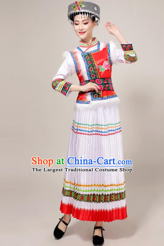 China Yunnan Ethnic Women Festival Clothing Hani Minority Folk Dance Costume Lisu Nationality White Dress