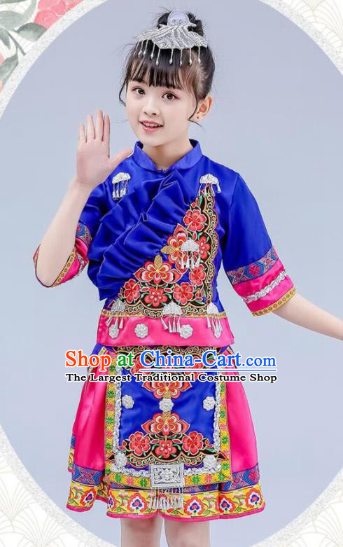 China Zhuang Nationality Royal Blue Dress Guangxi Ethnic Festival Clothing Minority Children Folk Dance Costume