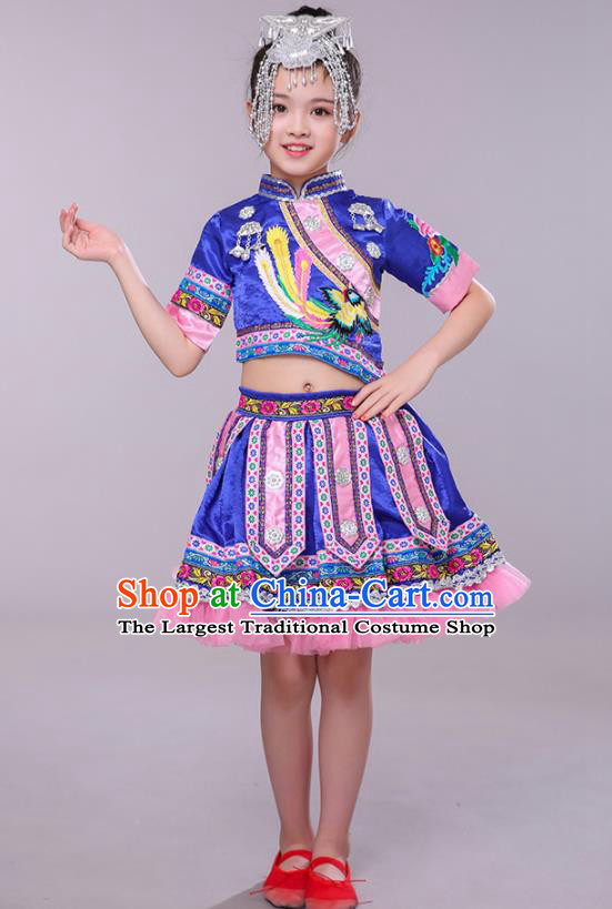 China Yi Minority Children Folk Dance Costume Yao Nationality Royal Blue Dress Ethnic Festival Clothing
