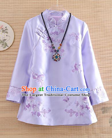 Chinese Traditional Cheongsam Blouse Light Purple Long Sleeves Shirt Embroidered Qipao Upper Outer Garment