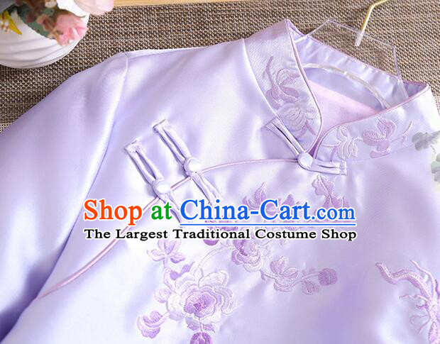 Chinese Traditional Cheongsam Blouse Light Purple Long Sleeves Shirt Embroidered Qipao Upper Outer Garment